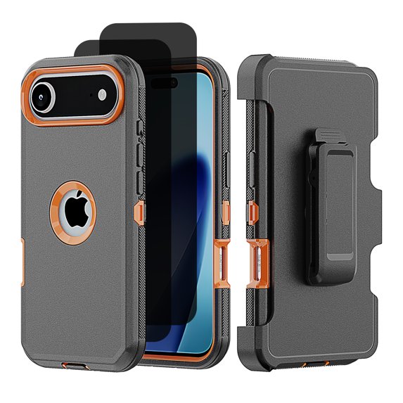 Hotpom for iPhone 17 Case with Belt Clip + 2 Pack Privacy Screen Protector Complete Body Tough Shockproof And Dustproof Protective Cover, orange