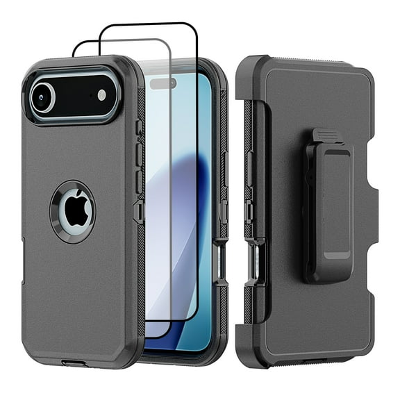Hotpom for iPhone 17 Case with Belt Clip + 2 Pack Screen Protector Complete Body Tough Shockproof And Dustproof Protective Cover, Black