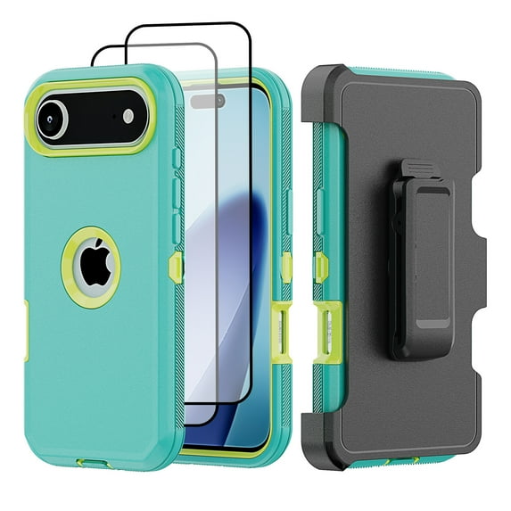 Hotpom for iPhone 17 Case with Belt Clip + 2 Pack Screen Protector Complete Body Tough Shockproof And Dustproof Protective Cover, Green