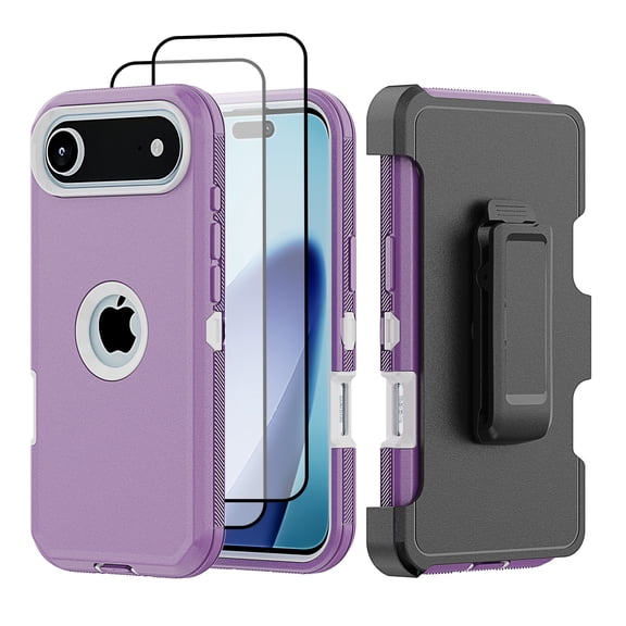 Hotpom for iPhone 17 Case with Belt Clip + 2 Pack Screen Protector Complete Body Tough Shockproof And Dustproof Protective Cover, Purple