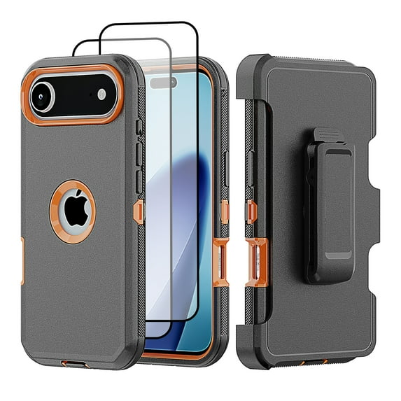 Hotpom for iPhone 17 Case with Belt Clip + 2 Pack Screen Protector Complete Body Tough Shockproof And Dustproof Protective Cover, orange