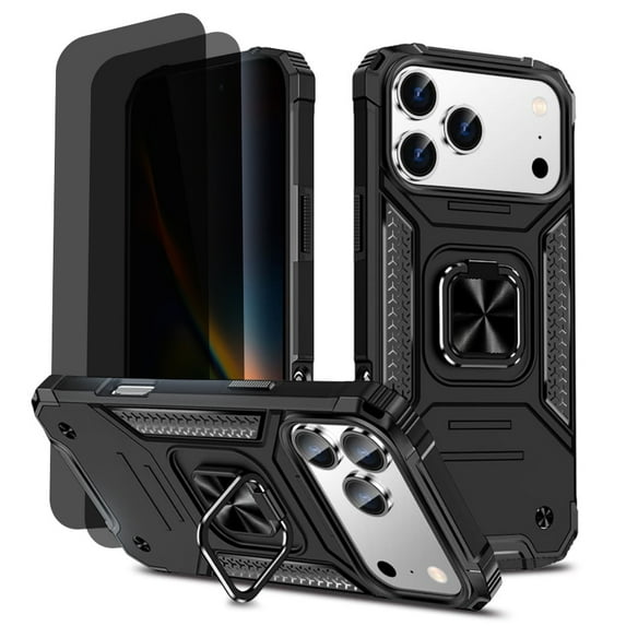 Hotpom for iPhone 17 Pro Case with 2 Pack Privacy Screen Protector Dual Layer Rugged Durable Shockproof Protection with 360° Rotating Stand, Black