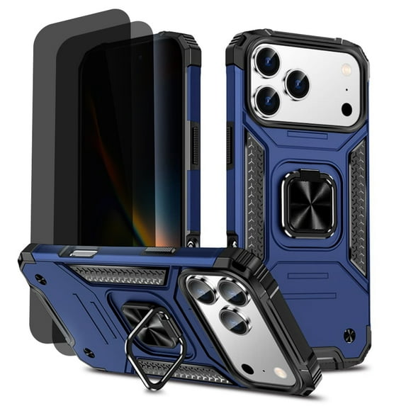 Hotpom for iPhone 17 Pro Case with 2 Pack Privacy Screen Protector Dual Layer Rugged Durable Shockproof Protection with 360° Rotating Stand, Blue