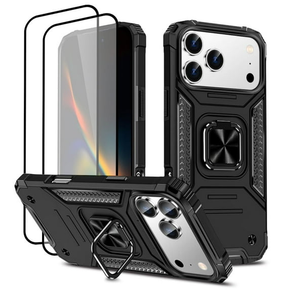 Hotpom for iPhone 17 Pro Case with 2 Pack Screen Protector Dual Layer Rugged Durable Shockproof Protection with 360° Rotating Stand, Black