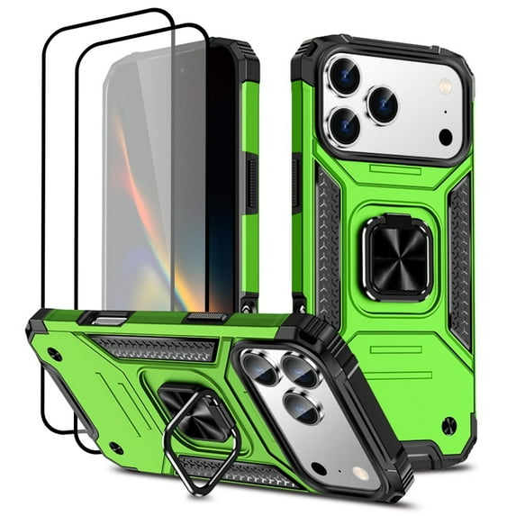 Hotpom for iPhone 17 Pro Case with 2 Pack Screen Protector Dual Layer Rugged Durable Shockproof Protection with 360° Rotating Stand, Green