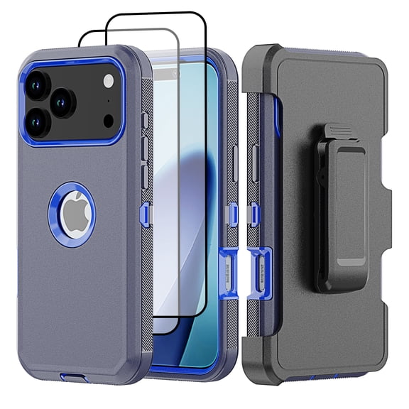 Hotpom for iPhone 17 Pro Case with Belt Clip + 2 Pack Screen Protector Complete Body Tough Shockproof And Dustproof Protective Cover, Blue