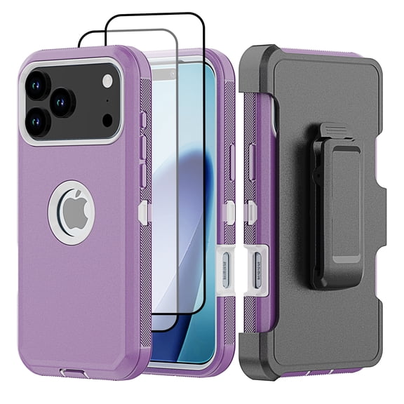 Hotpom for iPhone 17 Pro Case with Belt Clip + 2 Pack Screen Protector Complete Body Tough Shockproof And Dustproof Protective Cover, Purple