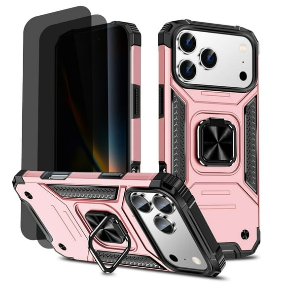 Hotpom for iPhone 17 Pro Max Case with 2 Pack Privacy Screen Protector, Dual Layer Rugged Shockproof Protection with 360° Rotating Stand, Pink