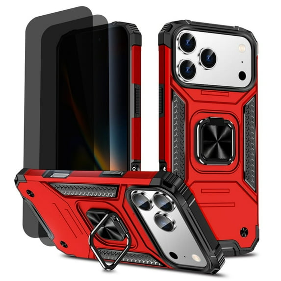Hotpom for iPhone 17 Pro Max Case with 2 Pack Privacy Screen Protector, Dual Layer Rugged Shockproof Protection with 360° Rotating Stand, Red