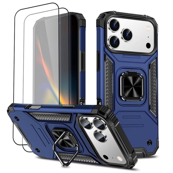 Hotpom for iPhone 17 Pro Max Case with 2 Pack Screen Protector, Dual Layer Rugged Shockproof Protection with 360° Rotating Stand, Bule