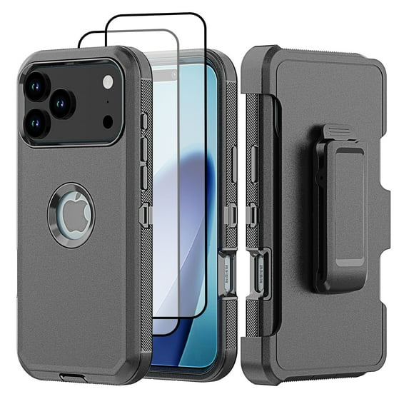 Hotpom for iPhone 17 Pro Max Case with Belt Clip + 2 Pack Screen Protector Complete Body Tough Shockproof And Dustproof Protective Cover, Black