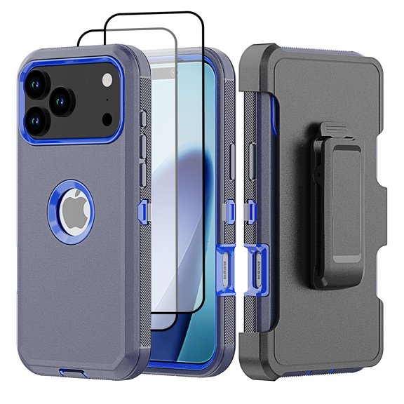 Hotpom for iPhone 17 Pro Max Case with Belt Clip + 2 Pack Screen Protector Complete Body Tough Shockproof And Dustproof Protective Cover, Blue