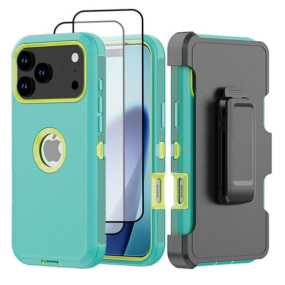 Hotpom for iPhone 17 Pro Max Case with Belt Clip + 2 Pack Screen Protector Complete Body Tough Shockproof And Dustproof Protective Cover, Green