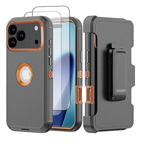 Hotpom for iPhone 17 Pro Max Case with Belt Clip + 2 Pack Screen Protector Complete Body Tough Shockproof And Dustproof Protective Cover, Orange