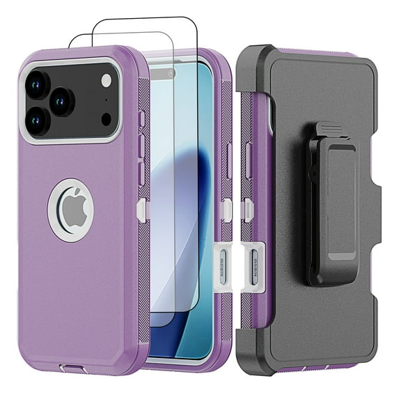 Hotpom for iPhone 17 Pro Max Case with Belt Clip + 2 Pack Screen Protector Complete Body Tough Shockproof And Dustproof Protective Cover, Purple