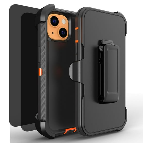 Hotpom for iPhone 13/ 14 Case with 2 Pack Privacy Screen Protector Heavy Duty Shockproof Drop Proof Protection Women Men universal Phone Cover with Black Belt Clip, Black/Orange