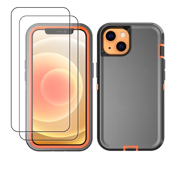 Hotpom for iPhone 13/ 14 Case with 2 Pack Screen Protector Heavy Duty Shockproof Dust/ Drop Proof Full Body Protection Rugged Durable Women Men universal Phone Cover, Black/Orange