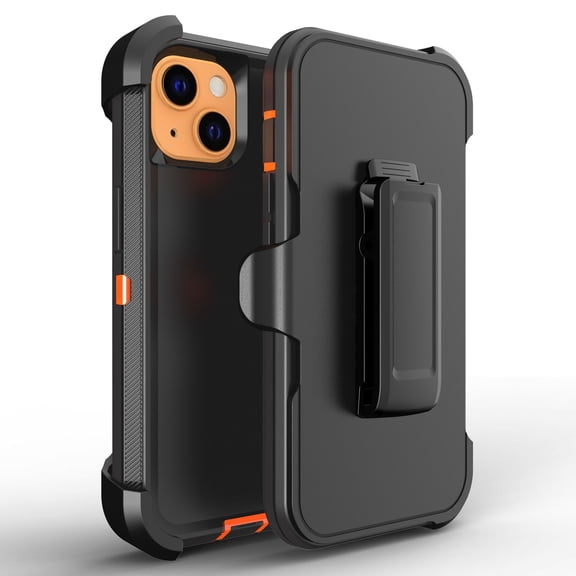 Hotpom for iPhone 13/ 14 Case Heavy Duty Shockproof Dust/ Drop Proof Full Body Protection Women Men universal Phone Cover with Black Belt Clip, Black/Orange