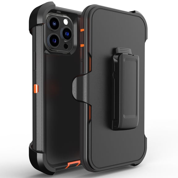 Hotpom for iPhone 13 Pro Case Heavy Duty Shockproof Dust/ Drop Proof Full Body Protection Women Men universal Phone Cover with Black Belt Clip, Black/Orange