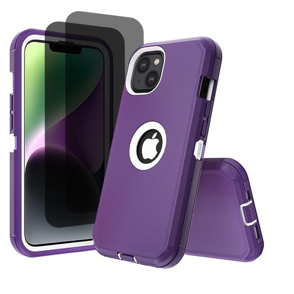 Hotpom for iPhone 13/ iPhone 14 Case with 2 Pack Privacy Screen Protector Shockproof/ Drop Proof Protection Women Men universal Phone Cover, Purple/ White