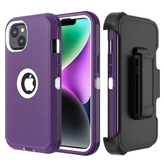 Hotpom for iPhone 14 Plus phone Case Heavy Duty Shockproof Dust/ Drop Proof Full Body Protection Anti-Fingerprint with Black Belt Clip for Men/Women, Purple/ White