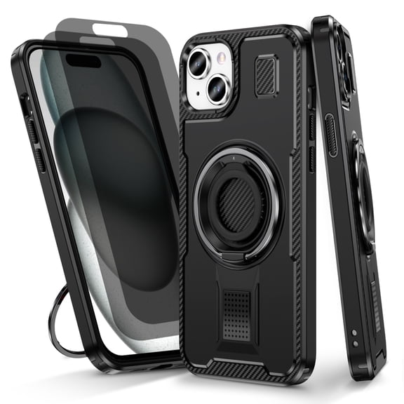 Hotpom for iPhone 15 Case with 2 Pack Privacy Screen Protector, Double Ring Kickstand, Heavy Duty Shockproof Drop Protection and Rugged Anti-Scratch Phone Cover, Black