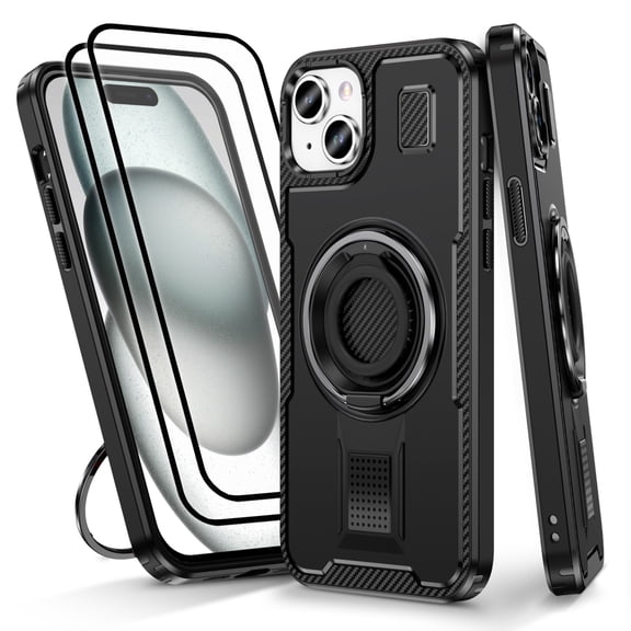 Hotpom for iPhone 15 Case with 2 Pack Screen Protector, Double Ring Kickstand, Heavy Duty Shockproof Drop Protection and Rugged Anti-Scratch Phone Cover, Black
