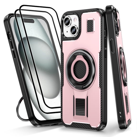 Hotpom for iPhone 15 Case with 2 Pack Screen Protector, Double Ring Kickstand, Heavy Duty Shockproof Drop Protection and Rugged Anti-Scratch Phone Cover, Pink