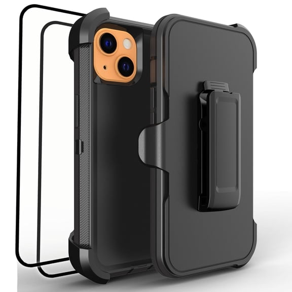 Hotpom for iPhone 15 Case with 2 Pack Screen Protector Heavy Duty Shockproof Drop Proof Full Body Protection Women Men universal Phone Cover with Black Belt Clip, Black/Black