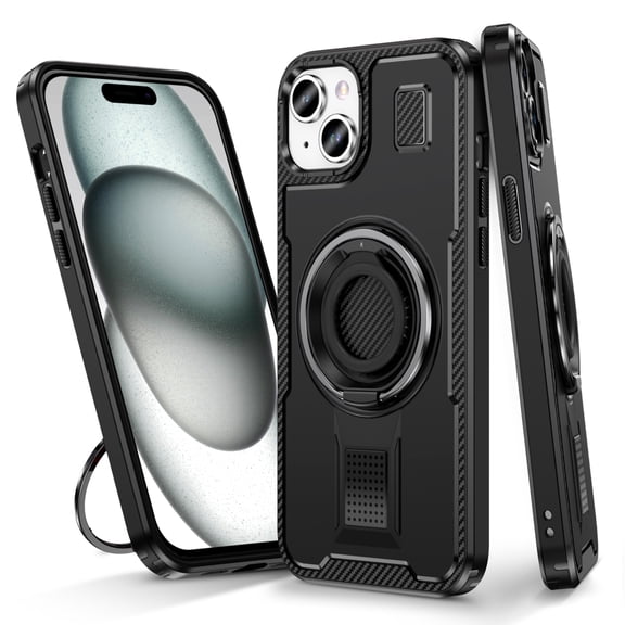 Hotpom for iPhone 15 Case with Precise Cutouts, Double Ring Kickstand, Heavy Duty Shockproof Drop Protection and Rugged Anti-Scratch Phone Cover, Black