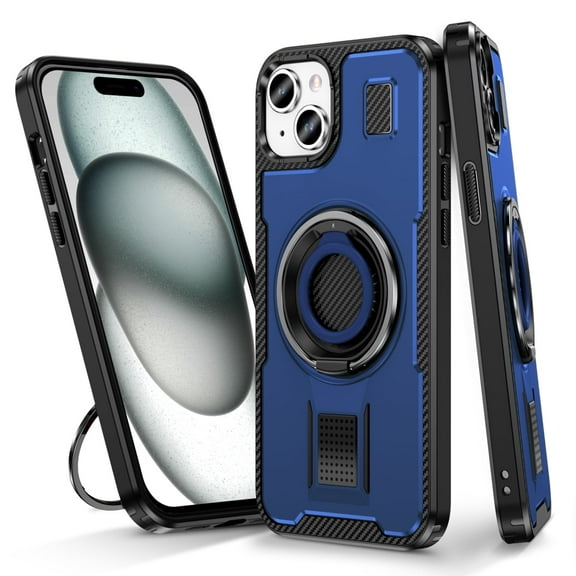 Hotpom for iPhone 15 Case with Precise Cutouts, Double Ring Kickstand, Heavy Duty Shockproof Drop Protection and Rugged Anti-Scratch Phone Cover, Blue