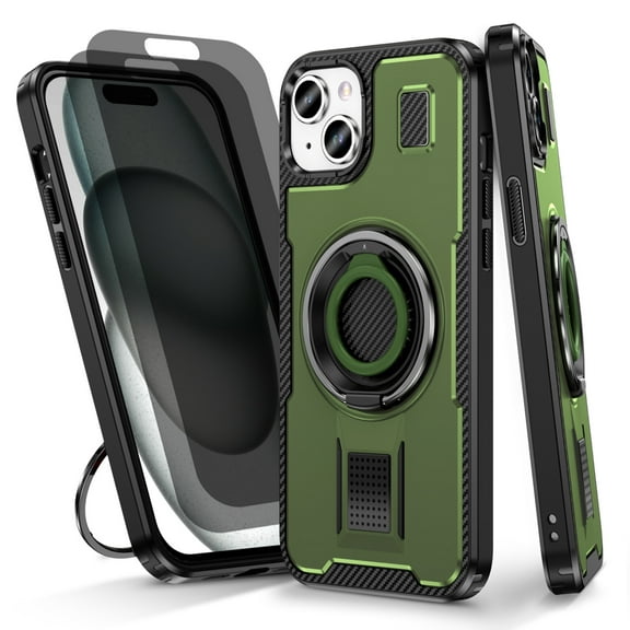 Hotpom for iPhone 15 Plus Case with 2 Pack Privacy Screen Protector, Double Ring Kickstand, Heavy Duty Shockproof Drop Protection and Rugged Anti-Scratch Phone Cover, Green