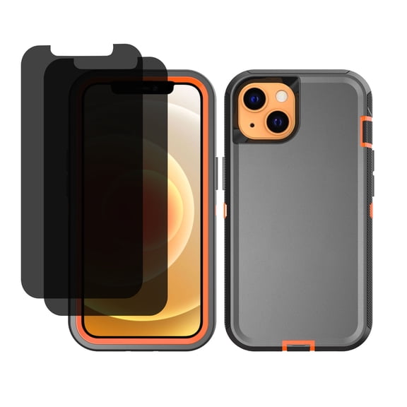 Hotpom for iPhone 15 Plus Case with 2 Pack Privacy Screen Protector Heavy Duty Shockproof Drop Proof Full Body Protection Women Men universal Phone Cover, Black/Orange
