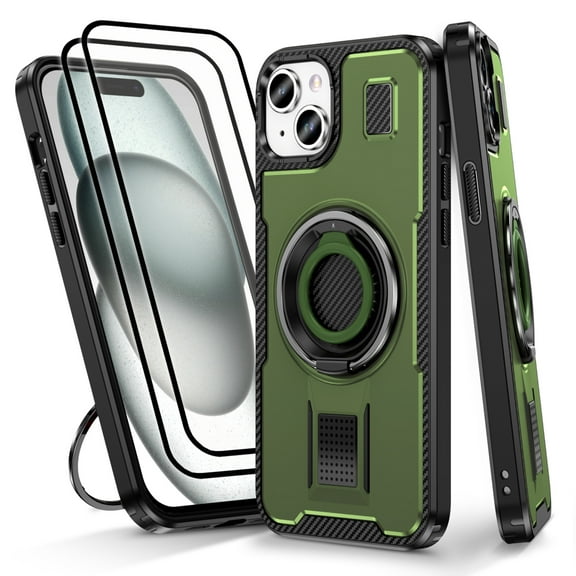 Hotpom for iPhone 15 Plus Case with 2 Pack Screen Protector, Double Ring Kickstand, Heavy Duty Shockproof Drop Protection and Rugged Anti-Scratch Phone Cover, Green