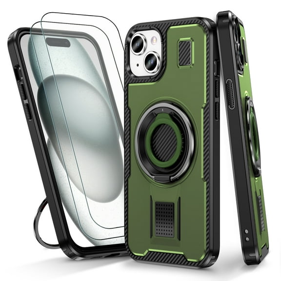Hotpom for iPhone 15 Plus Case with 2 Pack Screen Protector, Double Ring Kickstand, Heavy Duty Shockproof Drop Protection and Rugged Anti-Scratch Phone Cover, Green