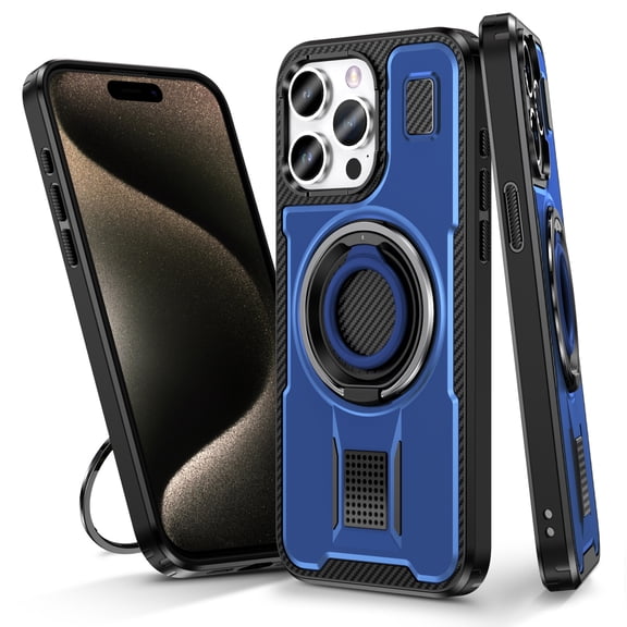 Hotpom for iPhone 15 Pro Max Case with Precise Cutouts, Double Ring Kickstand, Heavy Duty Shockproof Drop Protection and Rugged Anti-Scratch Phone Cover, Blue
