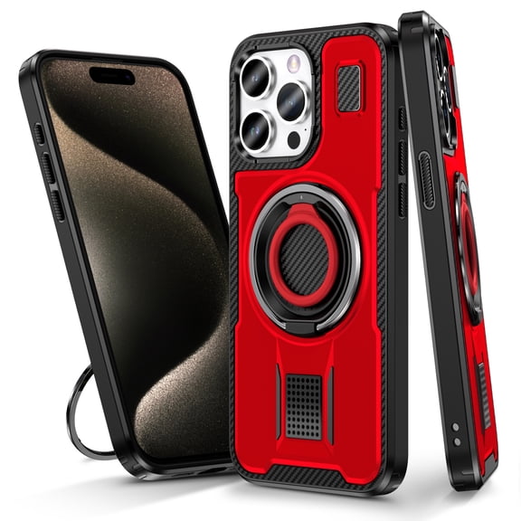 Hotpom for iPhone 15 Pro Max Case with Precise Cutouts, Double Ring Kickstand, Heavy Duty Shockproof Drop Protection and Rugged Anti-Scratch Phone Cover, Red