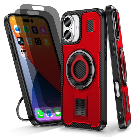 Hotpom for iPhone 16 Case with 2 Pack Privacy Screen Protector, Heavy Duty Shockproof, Anti-Fingerprint Rugged Women Men universal Protective Cover with 360°Rotatable Ring Stand, Red