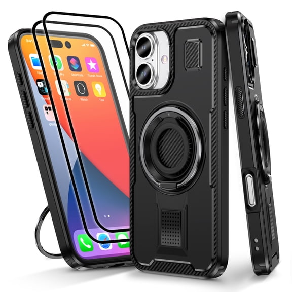 Hotpom for iPhone 16 Case with 2 Pack Screen Protector, Heavy Duty Shockproof, Anti-Fingerprint Rugged Women Men universal Protective Cover with 360°Rotatable Ring Stand, Black
