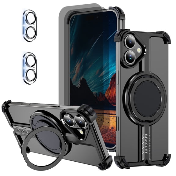 Hotpom for iPhone 16 Frameless Metal Case + 2 Pack Privacy Screen Protector+ 2 Pack Camera Lens Protector, 360° Rotation Kickstand, Slim Shockproof Thin Bumper cover, Black