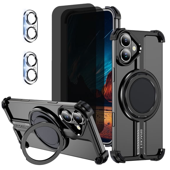 Hotpom for iPhone 16 Plus Frameless Metal Case + 2 Pack Privacy Screen Protector+ 2 Pack Camera Lens Protector, 360° Rotation Kickstand, Slim Shockproof Thin Bumper cover, Black