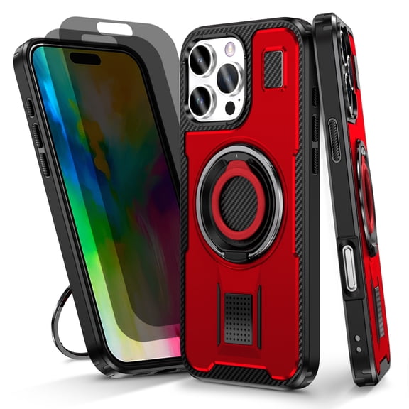 Hotpom for iPhone 16 Pro Case with 2 Pack Privacy Screen Protector, Heavy Duty Shockproof, Anti-Fingerprint Rugged Women Men universal Protective Cover with 360°Rotatable Ring Stand, Red