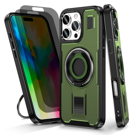 Hotpom for iPhone 16 Pro Case with 2 Pack Privacy Screen Protector, Heavy Duty Shockproof, Anti-Fingerprint Rugged Women Men universal Protective Cover with 360°Rotatable Ring Stand, Green