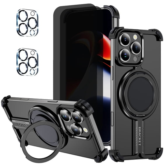 Hotpom for iPhone 16 Pro Frameless Metal Case + 2 Pack Privacy Screen Protector+ 2 Pack Camera Lens Protector, 360° Rotation Kickstand, Slim Shockproof Thin Bumper cover, Black