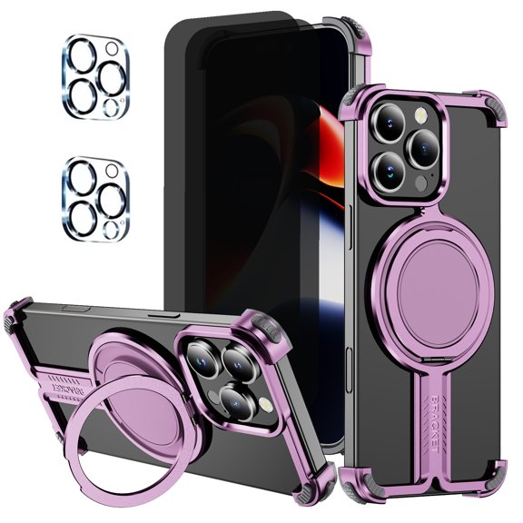 Hotpom for iPhone 16 Pro Frameless Metal Case + 2 Pack Privacy Screen Protector+ 2 Pack Camera Lens Protector, 360° Rotation Kickstand, Slim Shockproof Thin Bumper cover, Pink