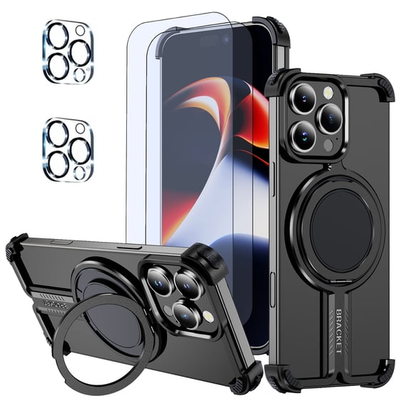 Hotpom for iPhone 16 Pro Frameless Metal Case + 2 Pack Screen Protector+ 2 Pack Camera Lens Protector, 360° Rotation Kickstand, Slim Shockproof Thin Bumper cover, Black