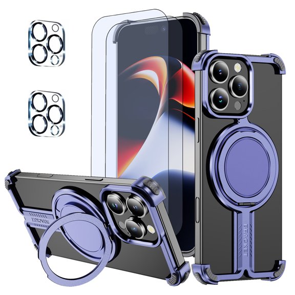 Hotpom for iPhone 16 Pro Frameless Metal Case + 2 Pack Screen Protector+ 2 Pack Camera Lens Protector, 360° Rotation Kickstand, Slim Shockproof Thin Bumper cover, Purple