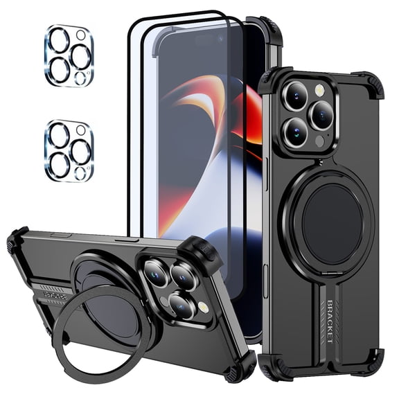 Hotpom for iPhone 16 Pro Frameless Metal Case + 2 Pack Screen Protector+ 2 Pack Camera Lens Protector, 360° Rotation Kickstand, Slim Shockproof Thin Bumper cover, Black