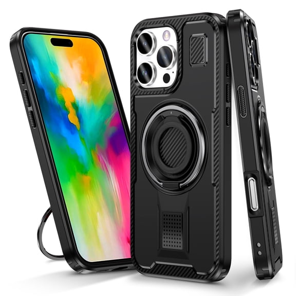 Hotpom for iPhone 16 Pro Max Case with 360°Rotatable Ring Stand, Heavy Duty Shockproof, Anti-Fingerprint Rugged Women Men universal Protective Cover, Black