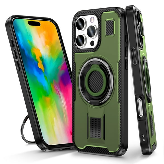 Hotpom for iPhone 16 Pro Max Case with 360°Rotatable Ring Stand, Heavy Duty Shockproof, Anti-Fingerprint Rugged Women Men universal Protective Cover, Green